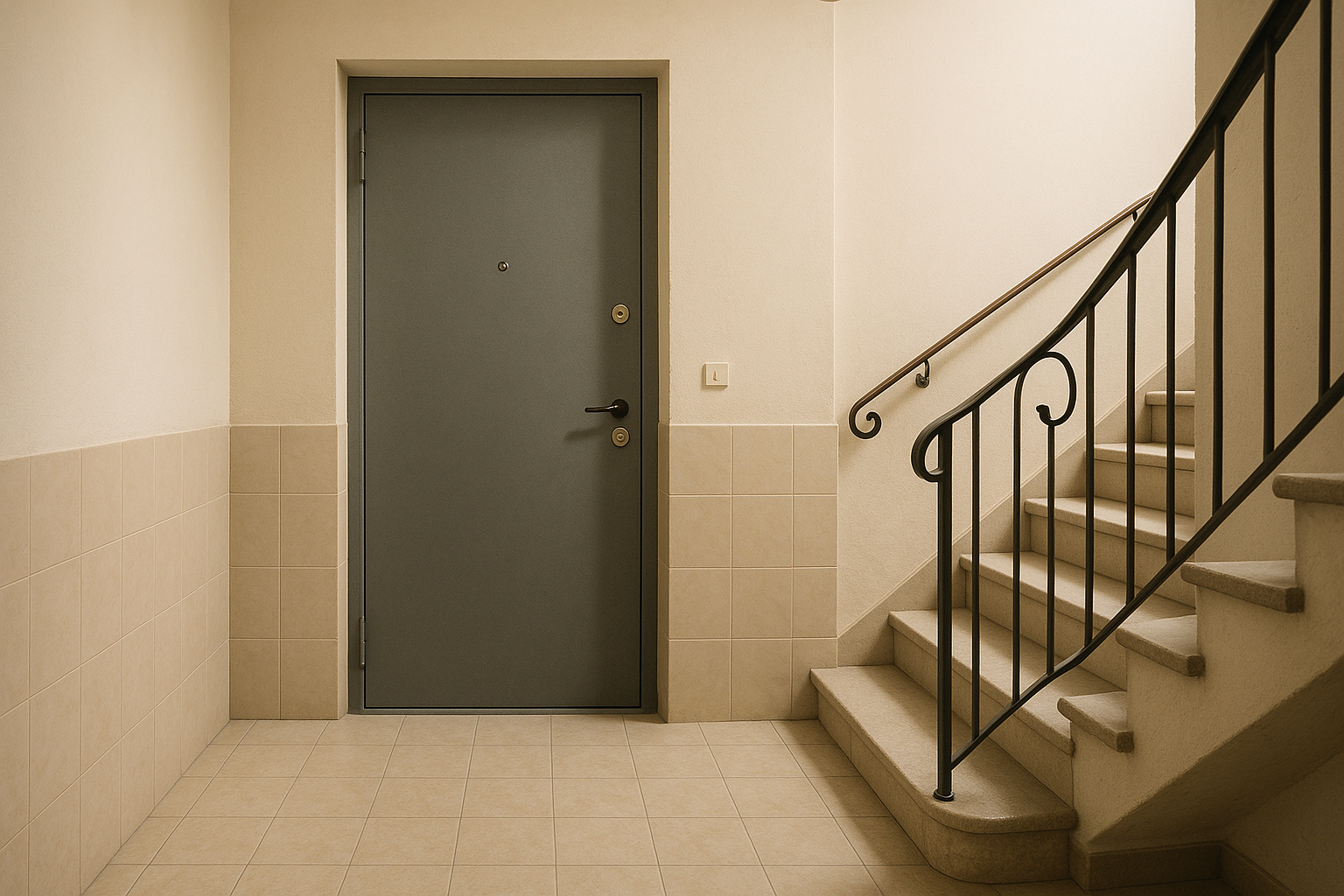 Ingresso di un appartamento con porta blindata chiusa vista dal pianerottolo