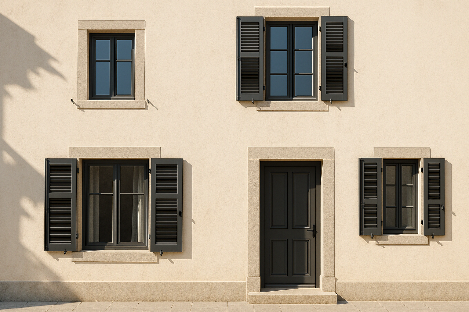 Facciata chiara con finestre grigio antracite e persiane abbinate in tono scuro