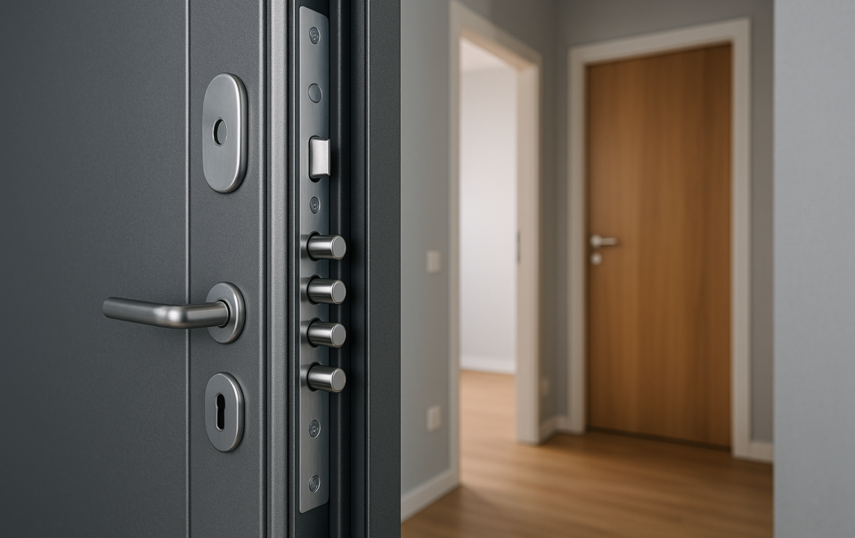 Porta blindata aperta che mostra telaio in acciaio, aste di chiusura e guarnizione perimetrale