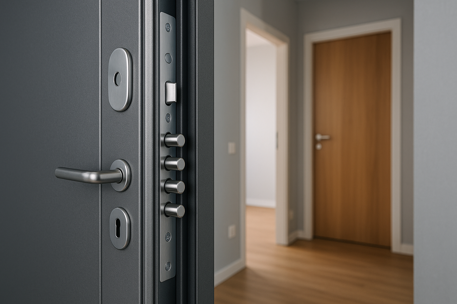 Porta blindata aperta che mostra telaio in acciaio, aste di chiusura e guarnizione perimetrale