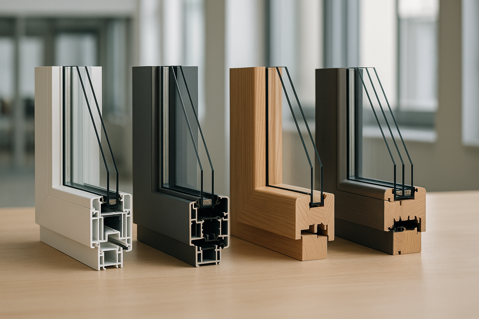 Quattro campioni di profilo di finestra in PVC, alluminio, legno e legno-alluminio affiancati su un tavolo